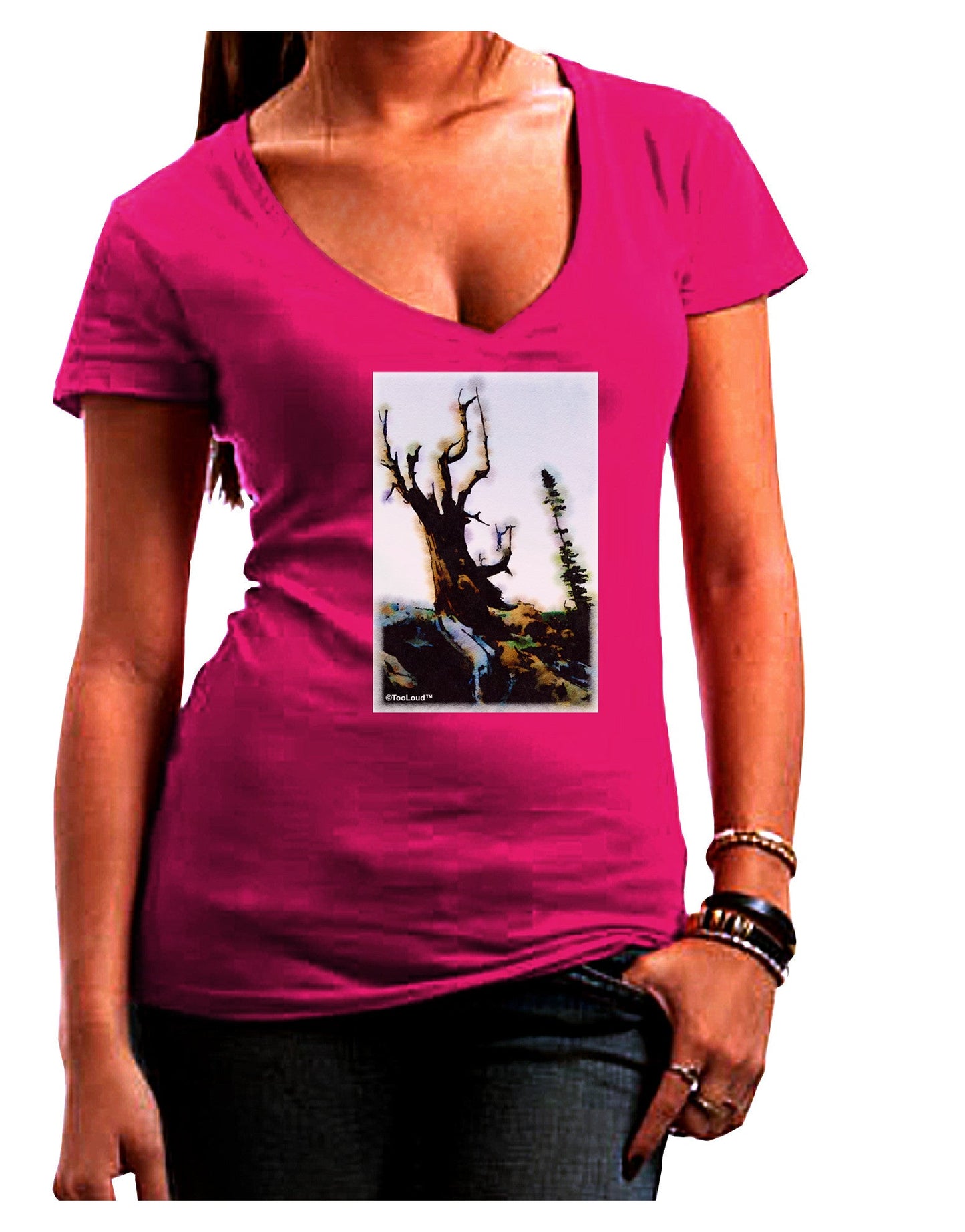 CO Mountain Scenery Watercolor Womens V-Neck Dark T-Shirt-Womens V-Neck T-Shirts-TooLoud-Hot-Pink-Juniors Fitted Small-Davson Sales