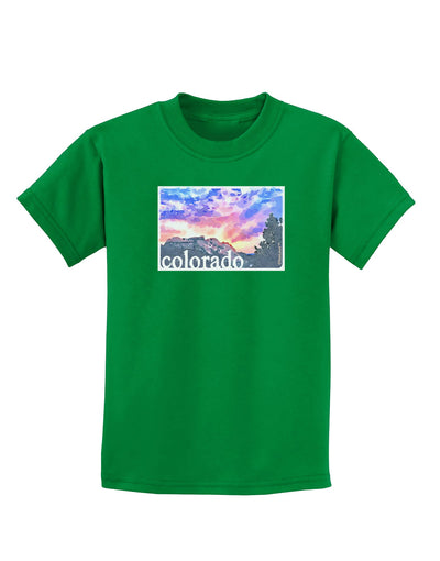 CO Rainbow Sunset Watercolor Text Childrens Dark T-Shirt-Childrens T-Shirt-TooLoud-Kelly-Green-X-Small-Davson Sales