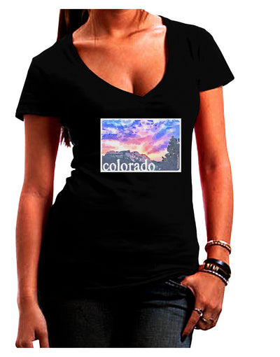 CO Rainbow Sunset Watercolor Text Juniors V-Neck Dark T-Shirt-Womens V-Neck T-Shirts-TooLoud-Black-Juniors Fitted Small-Davson Sales