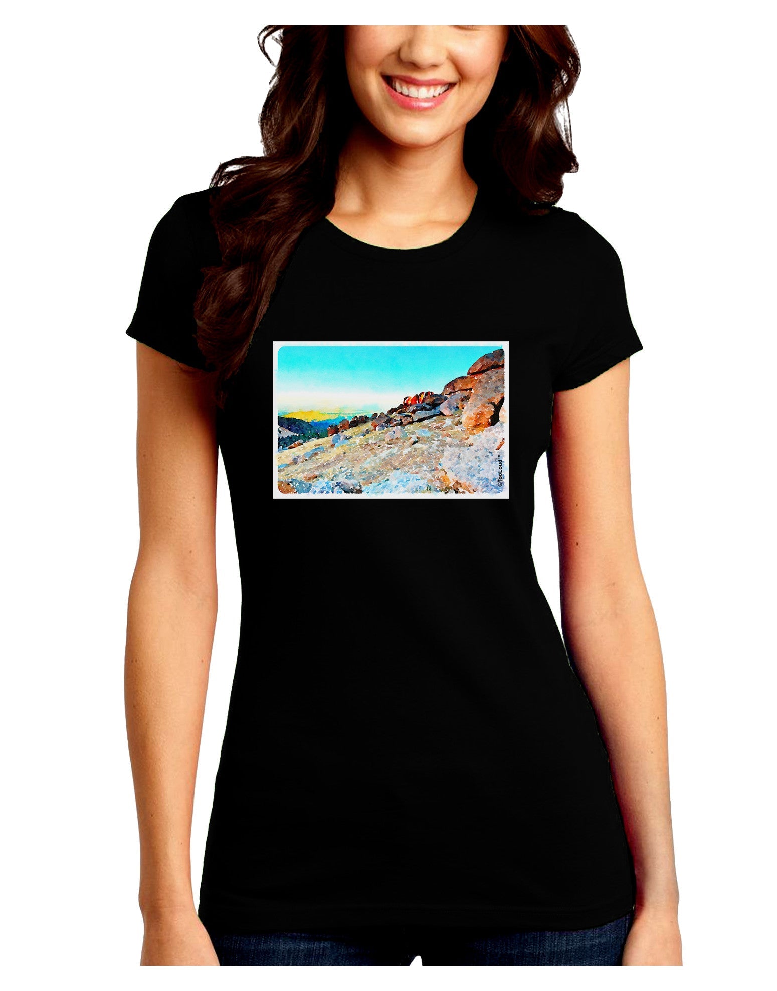 CO Rockies View Watercolor Juniors Petite Crew Dark T-Shirt-T-Shirts Juniors Tops-TooLoud-Black-Juniors Fitted Small-Davson Sales