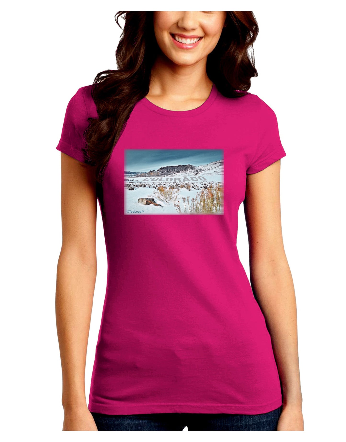 CO Snow Scene Text Juniors Petite Crew Dark T-Shirt-T-Shirts Juniors Tops-TooLoud-Hot-Pink-Juniors Fitted Small-Davson Sales