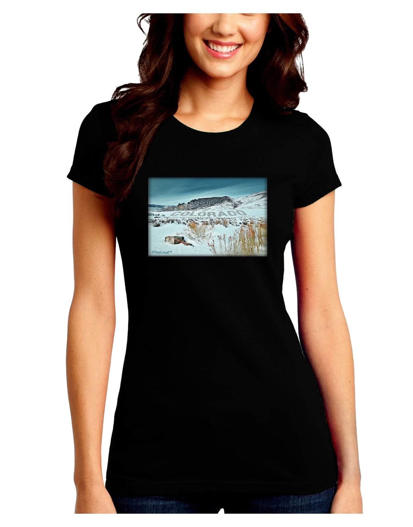 CO Snow Scene Text Juniors Petite Crew Dark T-Shirt-T-Shirts Juniors Tops-TooLoud-Black-Juniors Fitted Small-Davson Sales