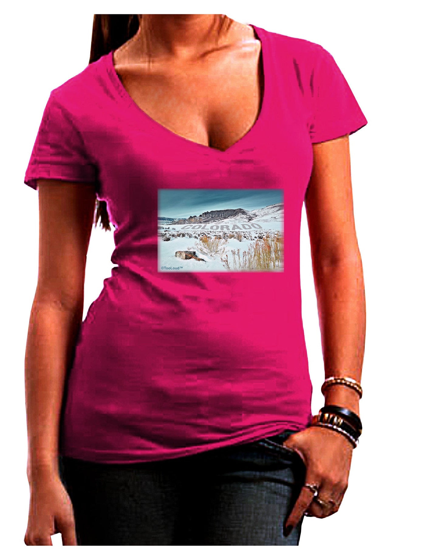 CO Snow Scene Text Womens V-Neck Dark T-Shirt-Womens V-Neck T-Shirts-TooLoud-Hot-Pink-Juniors Fitted Small-Davson Sales