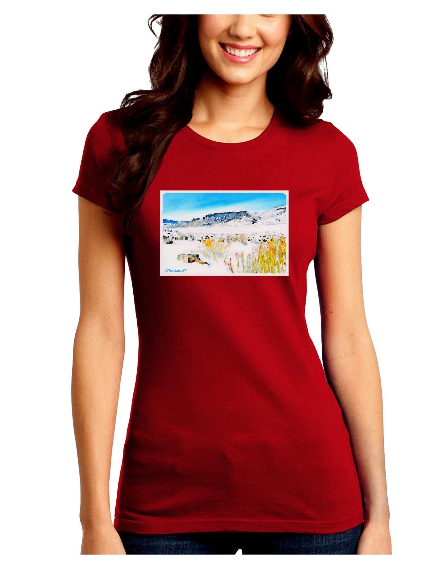 CO Snow Scene Watercolor Juniors Petite Crew Dark T-Shirt-T-Shirts Juniors Tops-TooLoud-Red-Juniors Fitted Small-Davson Sales