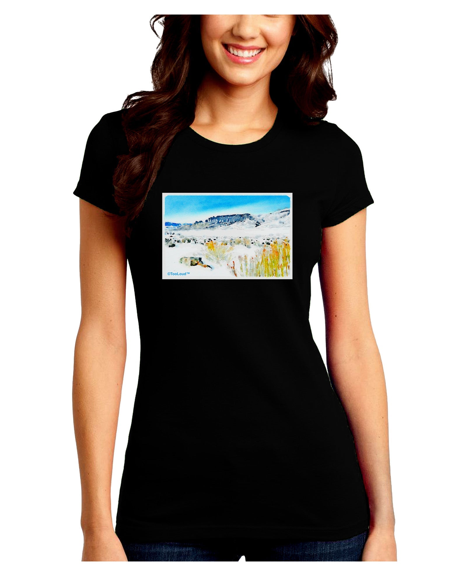 CO Snow Scene Watercolor Juniors Petite Crew Dark T-Shirt-T-Shirts Juniors Tops-TooLoud-Black-Juniors Fitted Small-Davson Sales
