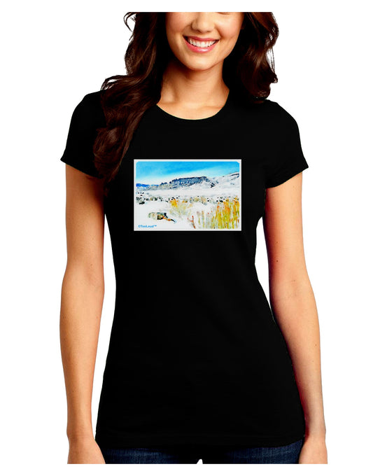 CO Snow Scene Watercolor Juniors Petite Crew Dark T-Shirt-T-Shirts Juniors Tops-TooLoud-Black-Juniors Fitted Small-Davson Sales