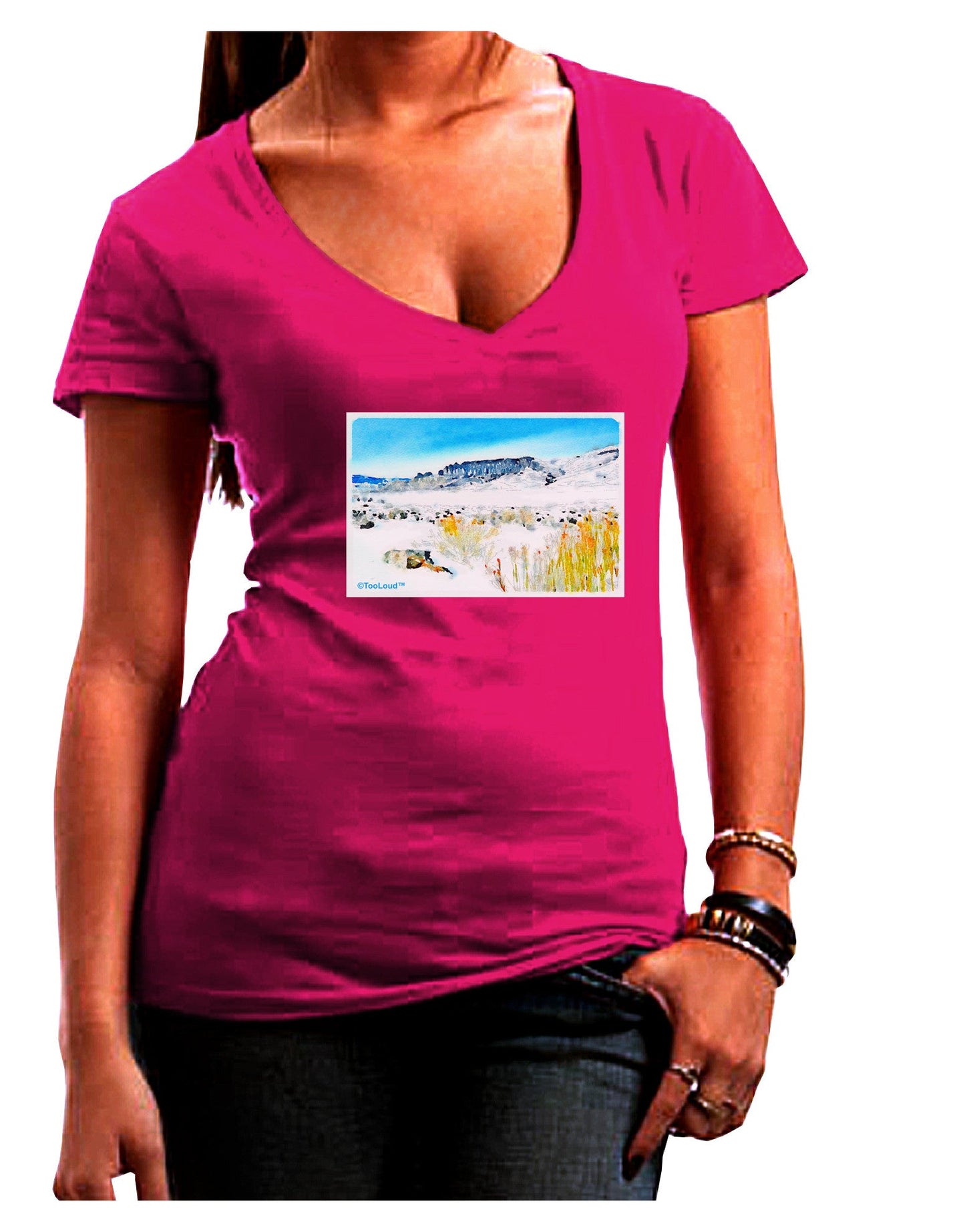 CO Snow Scene Watercolor Womens V-Neck Dark T-Shirt-Womens V-Neck T-Shirts-TooLoud-Hot-Pink-Juniors Fitted Small-Davson Sales