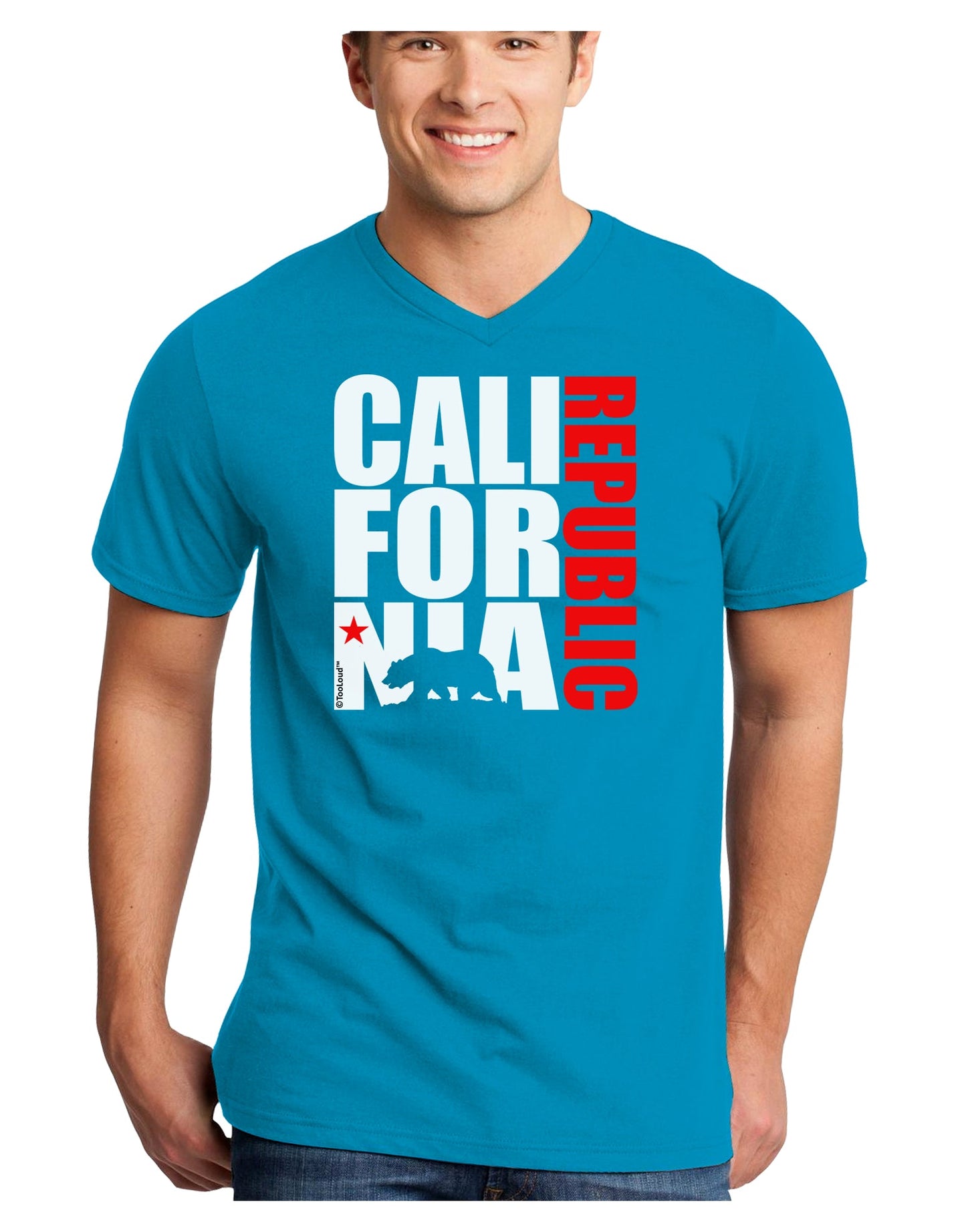 California Republic Design - California Red Star and Bear Adult Dark V-Neck T-Shirt by TooLoud-Mens V-Neck T-Shirt-TooLoud-Turquoise-Small-Davson Sales