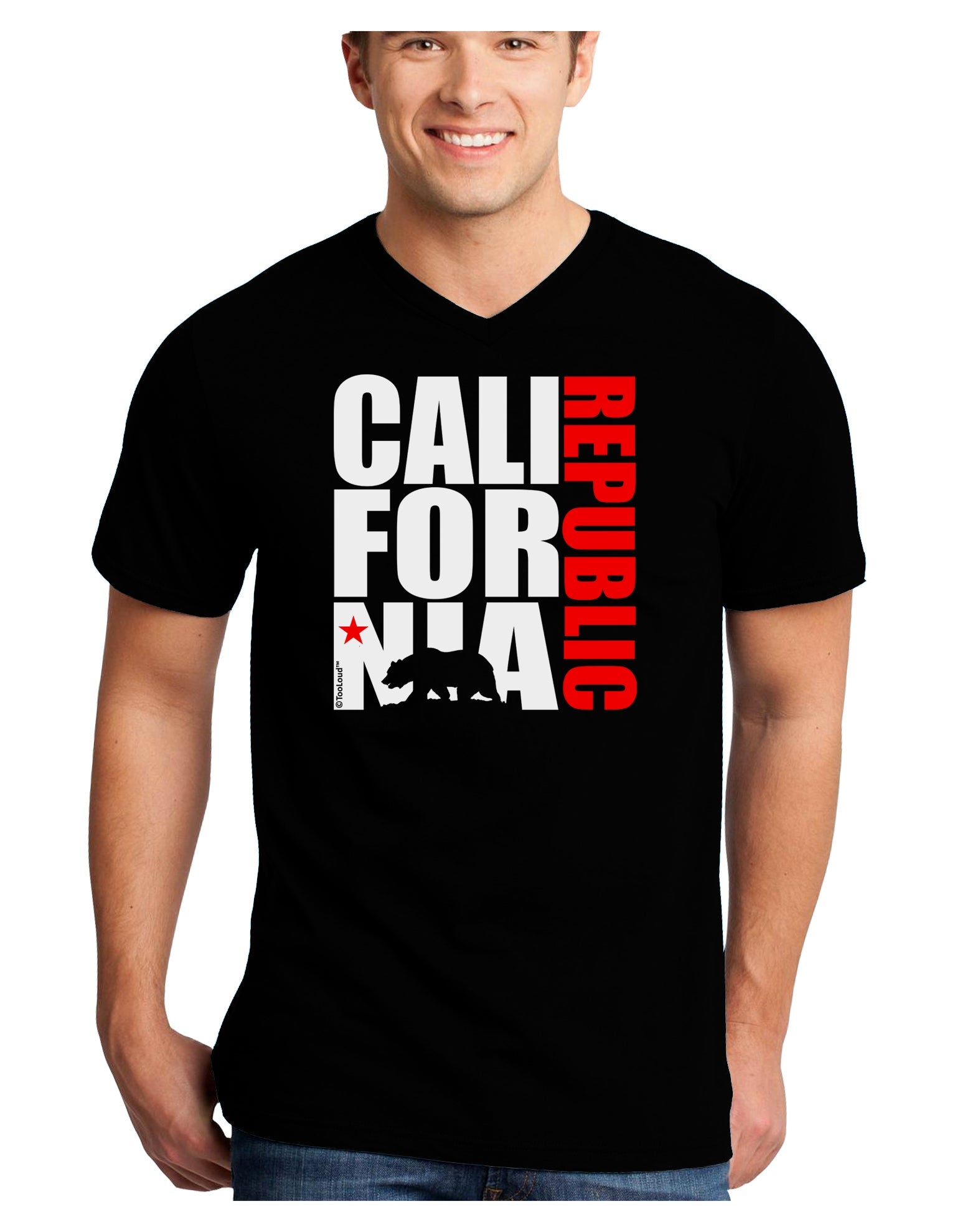 California Republic Design - California Red Star and Bear Adult Dark V-Neck T-Shirt by TooLoud-Mens V-Neck T-Shirt-TooLoud-Black-Small-Davson Sales