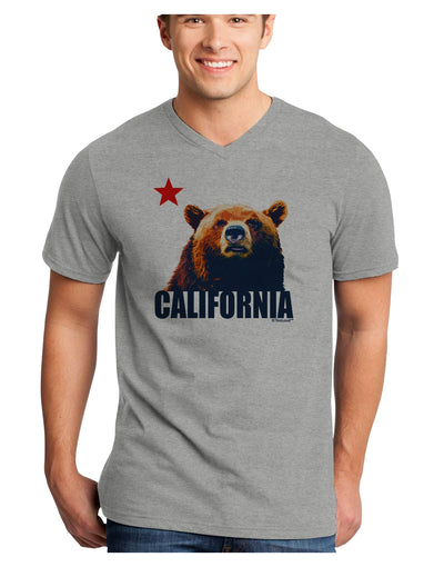 California Republic Design - Grizzly Bear and Star Adult V-Neck T-shirt by TooLoud-Mens V-Neck T-Shirt-TooLoud-HeatherGray-Small-Davson Sales