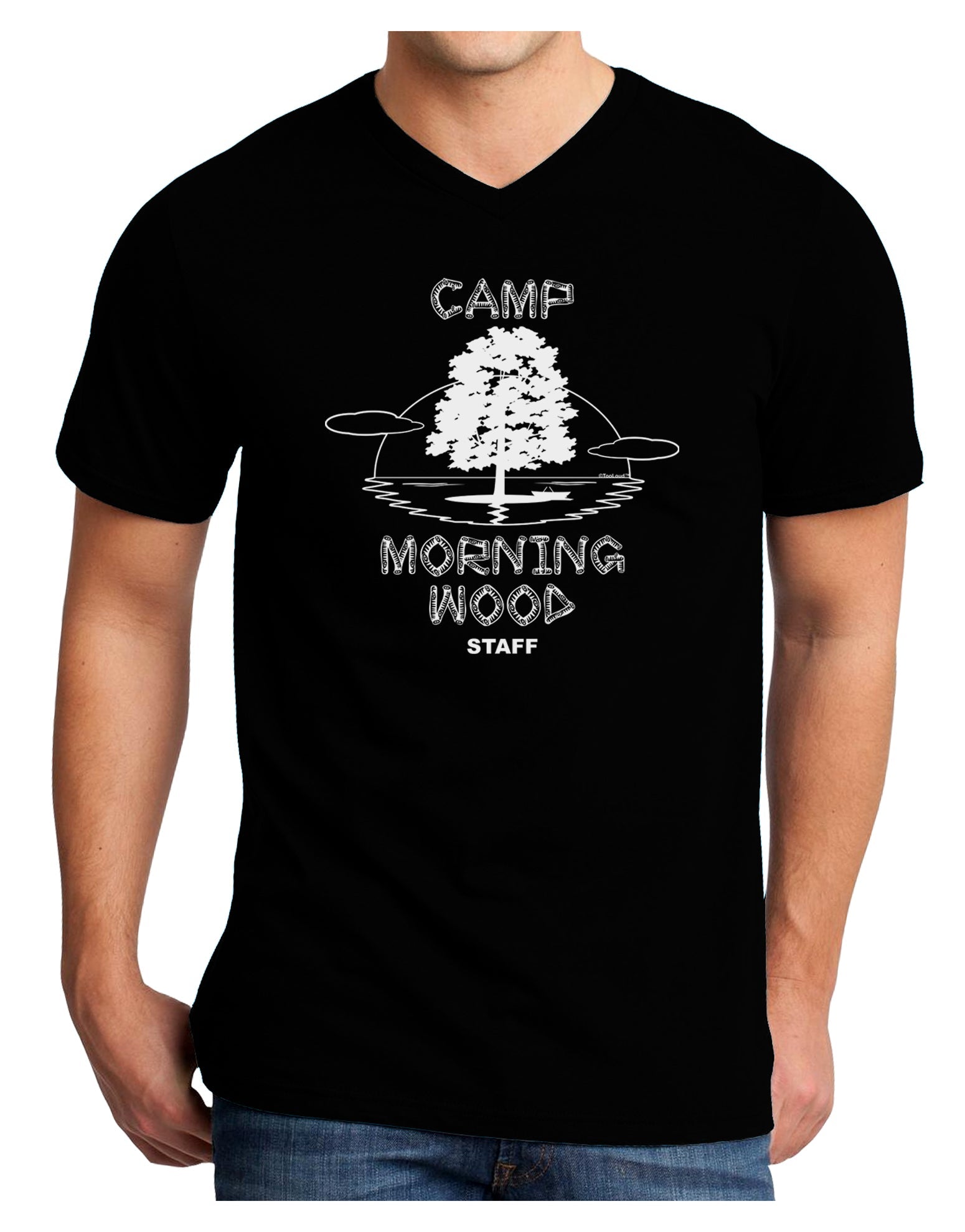 Camp Morning Wood Staff - B&W Adult Dark V-Neck T-Shirt-Mens V-Neck T-Shirt-TooLoud-Black-Small-Davson Sales