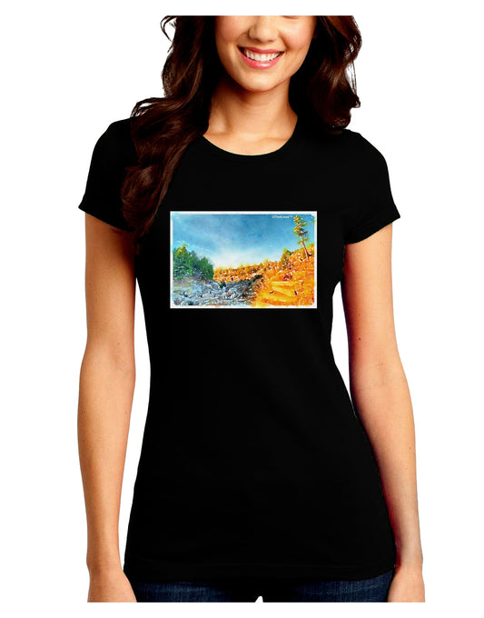 Castlewood Canyon Watercolor Juniors Petite Crew Dark T-Shirt-T-Shirts Juniors Tops-TooLoud-Black-Juniors Fitted Small-Davson Sales
