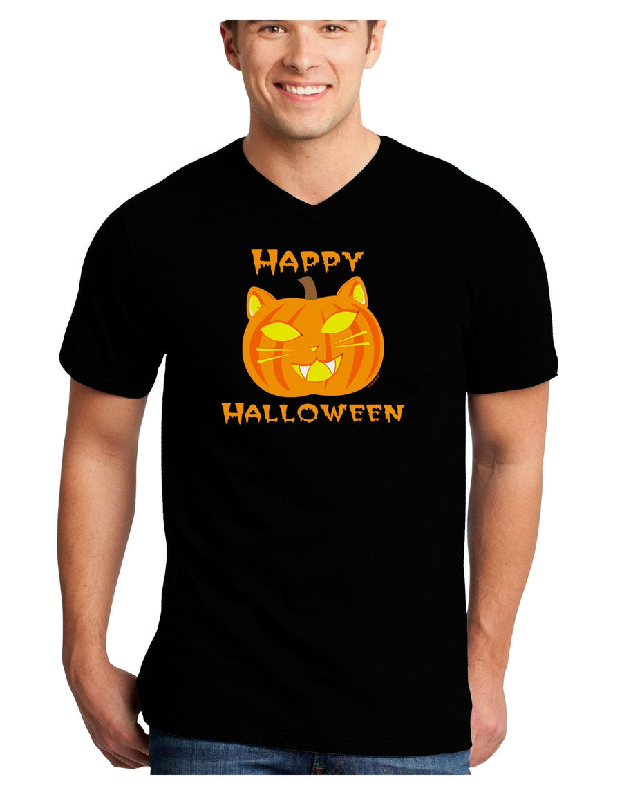 Cat-O-Lantern With Text Adult Dark V-Neck T-Shirt-TooLoud-Black-XX-Large-Davson Sales