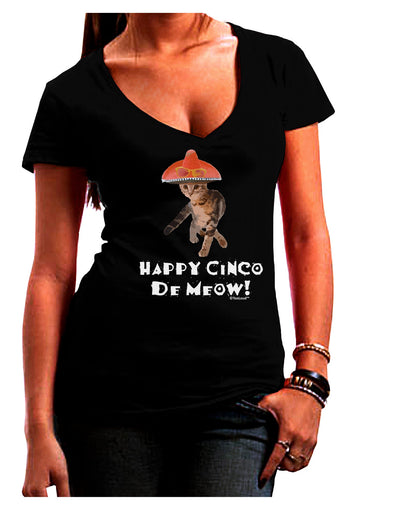 Cat with Pink Sombrero - Happy Cinco de Meow Juniors V-Neck Dark T-Shirt by TooLoud-Womens V-Neck T-Shirts-TooLoud-Black-Juniors Fitted Small-Davson Sales