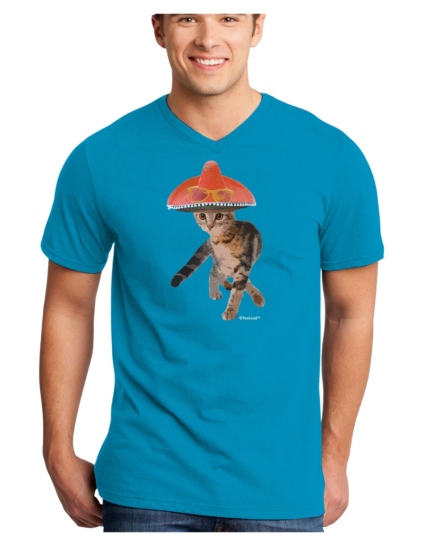 Cat with Pink Sombrero and Sunglasses Adult Dark V-Neck T-Shirt by TooLoud-Mens V-Neck T-Shirt-TooLoud-Turquoise-Small-Davson Sales