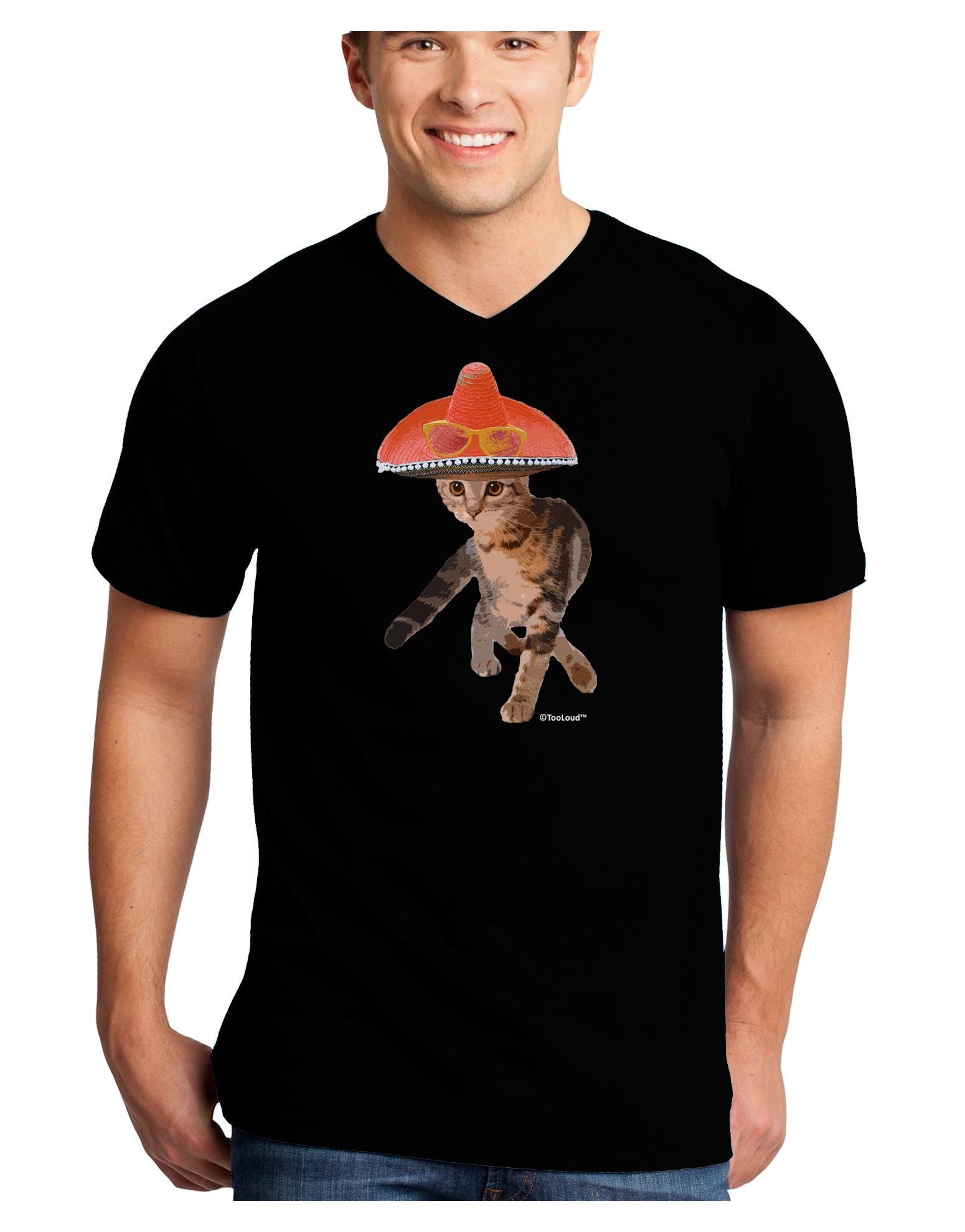 Cat with Pink Sombrero and Sunglasses Adult Dark V-Neck T-Shirt by TooLoud-Mens V-Neck T-Shirt-TooLoud-Black-Small-Davson Sales