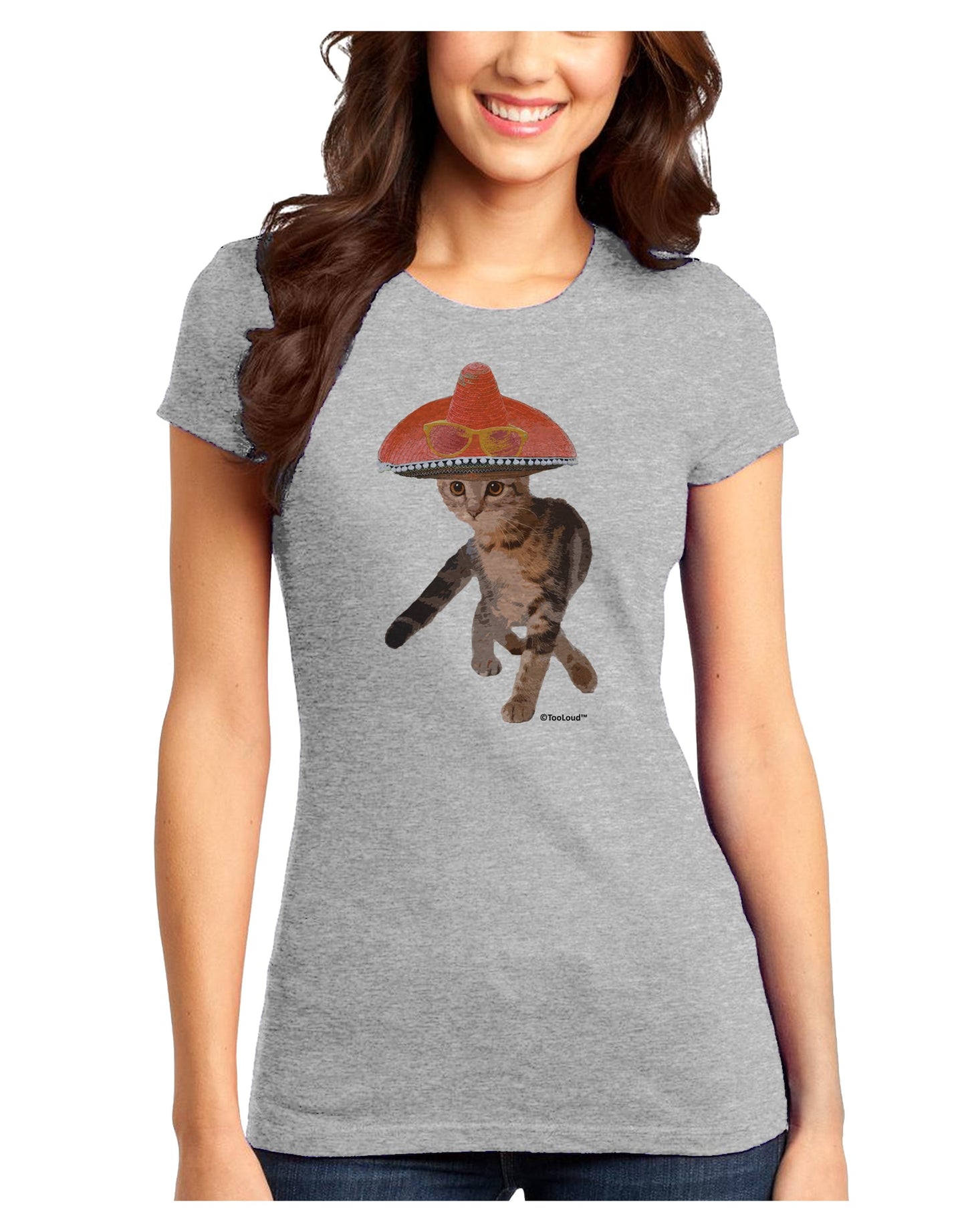Cat with Pink Sombrero and Sunglasses Juniors T-Shirt by TooLoud-Womens Juniors T-Shirt-TooLoud-Ash-Gray-Juniors Fitted X-Small-Davson Sales