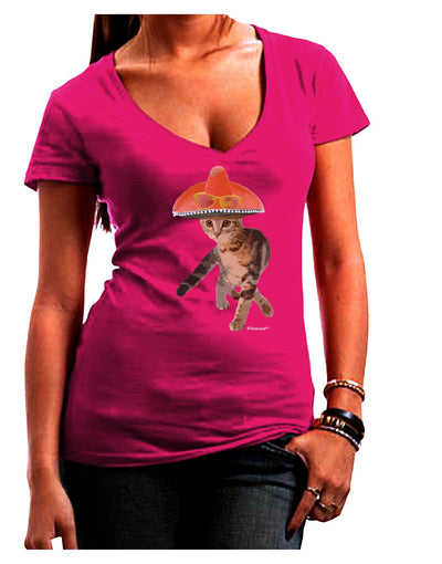 Cat with Pink Sombrero and Sunglasses Juniors V-Neck Dark T-Shirt by TooLoud-Womens V-Neck T-Shirts-TooLoud-Hot-Pink-Juniors Fitted Small-Davson Sales