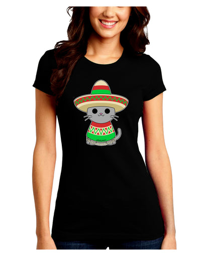 Cat with Sombrero and Poncho Juniors Crew Dark T-Shirt by TooLoud-T-Shirts Juniors Tops-TooLoud-Black-Juniors Fitted Small-Davson Sales