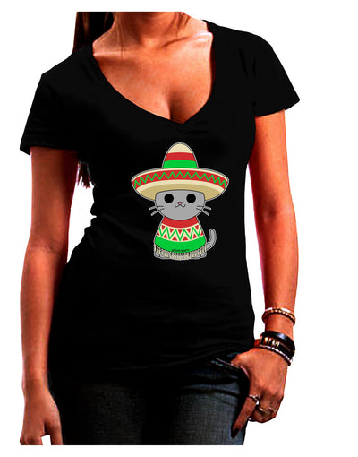 Cat with Sombrero and Poncho Juniors V-Neck Dark T-Shirt by TooLoud-Womens V-Neck T-Shirts-TooLoud-Black-Juniors Fitted Small-Davson Sales