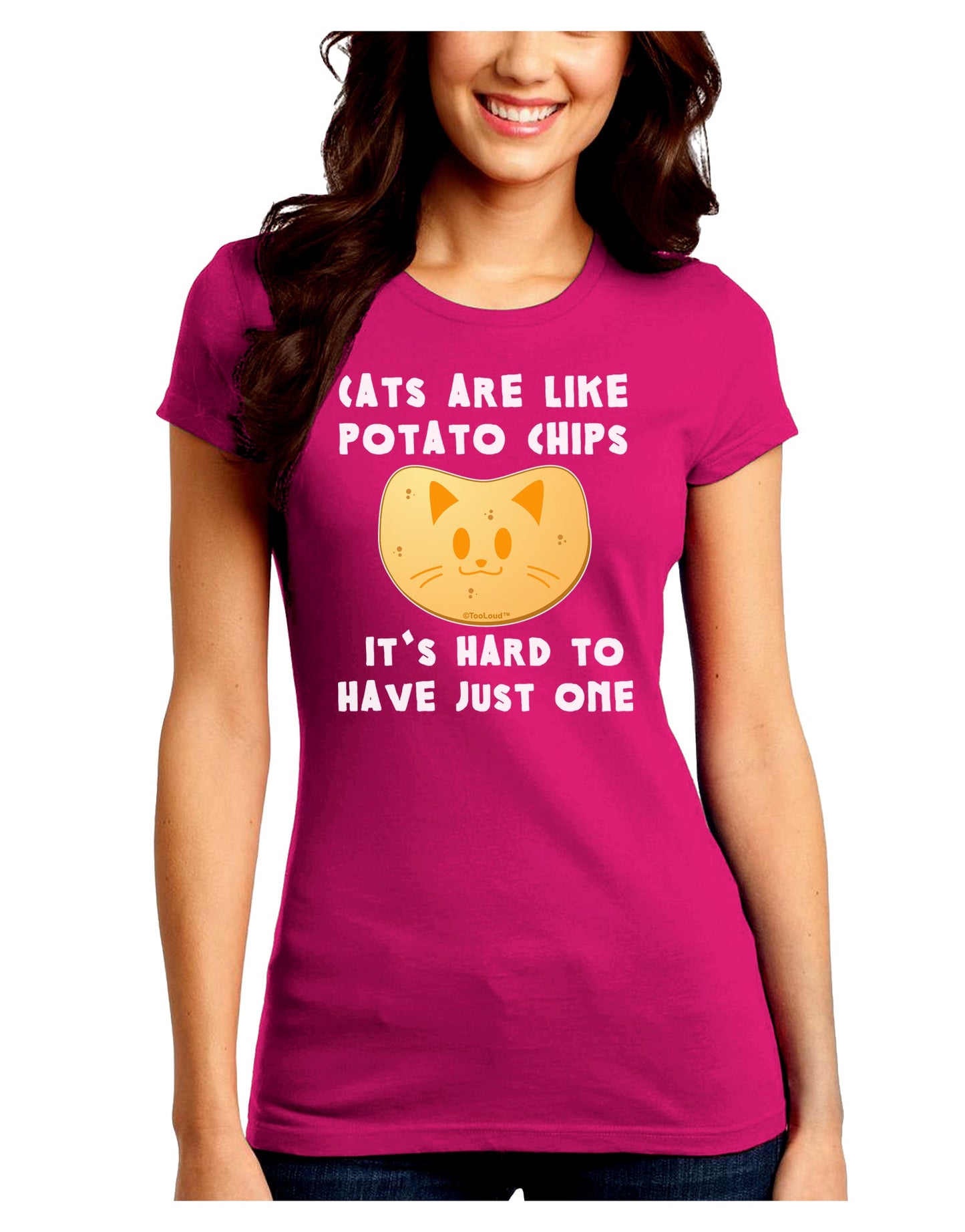 Cats Are Like Potato Chips Juniors Petite Crew Dark T-Shirt-T-Shirts Juniors Tops-TooLoud-Hot-Pink-Juniors Fitted Small-Davson Sales