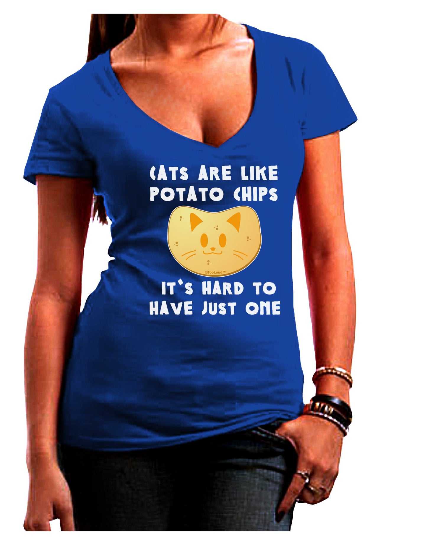 Cats Are Like Potato Chips Womens V-Neck Dark T-Shirt-Womens V-Neck T-Shirts-TooLoud-Royal-Blue-Juniors Fitted Small-Davson Sales