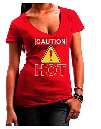 Caution Hot Chili Pepper Sign Juniors V-Neck Dark T-Shirt-Womens V-Neck T-Shirts-TooLoud-Red-Juniors Fitted Small-Davson Sales