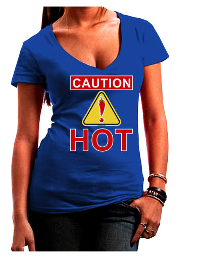 Caution Hot Chili Pepper Sign Juniors V-Neck Dark T-Shirt-Womens V-Neck T-Shirts-TooLoud-Royal-Blue-Juniors Fitted Small-Davson Sales