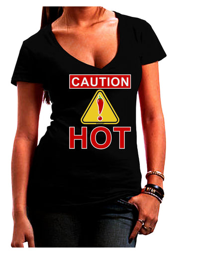 Caution Hot Chili Pepper Sign Juniors V-Neck Dark T-Shirt-Womens V-Neck T-Shirts-TooLoud-Black-Juniors Fitted Small-Davson Sales