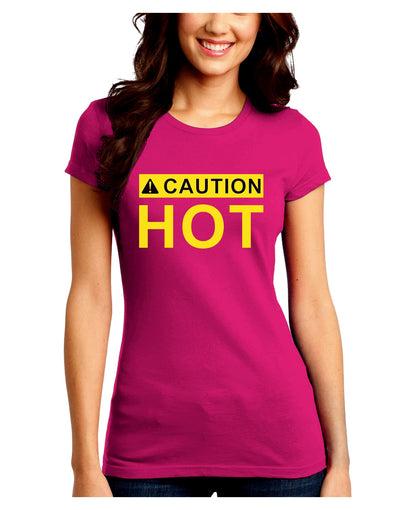 Caution Hot Warning Sign Juniors Crew Dark T-Shirt-T-Shirts Juniors Tops-TooLoud-Hot-Pink-Juniors Fitted Small-Davson Sales