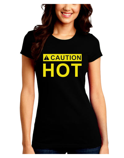 Caution Hot Warning Sign Juniors Crew Dark T-Shirt-T-Shirts Juniors Tops-TooLoud-Black-Juniors Fitted Small-Davson Sales