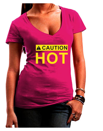 Caution Hot Warning Sign Juniors V-Neck Dark T-Shirt-Womens V-Neck T-Shirts-TooLoud-Hot-Pink-Juniors Fitted Small-Davson Sales