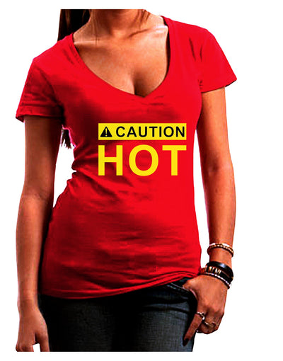 Caution Hot Warning Sign Juniors V-Neck Dark T-Shirt-Womens V-Neck T-Shirts-TooLoud-Red-Juniors Fitted Small-Davson Sales