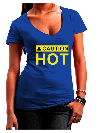 Caution Hot Warning Sign Juniors V-Neck Dark T-Shirt-Womens V-Neck T-Shirts-TooLoud-Royal-Blue-Juniors Fitted Small-Davson Sales