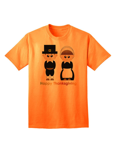 Charming Pilgrim Duo: Celebratory Thanksgiving Adult T-Shirt-Mens T-shirts-TooLoud-Neon-Orange-Small-Davson Sales