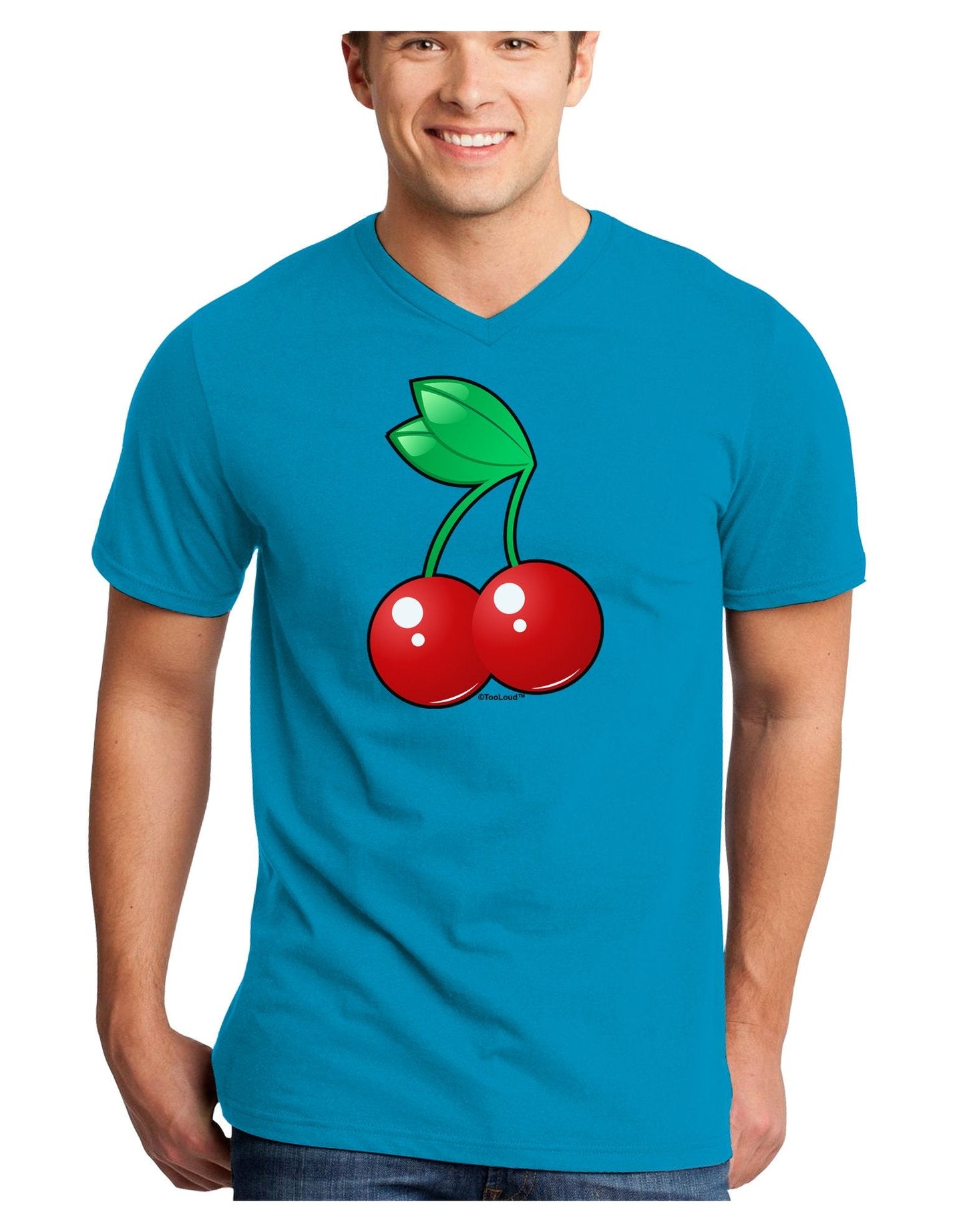 Cherries Adult Dark V-Neck T-Shirt-TooLoud-Turquoise-XXXX-Large-Davson Sales