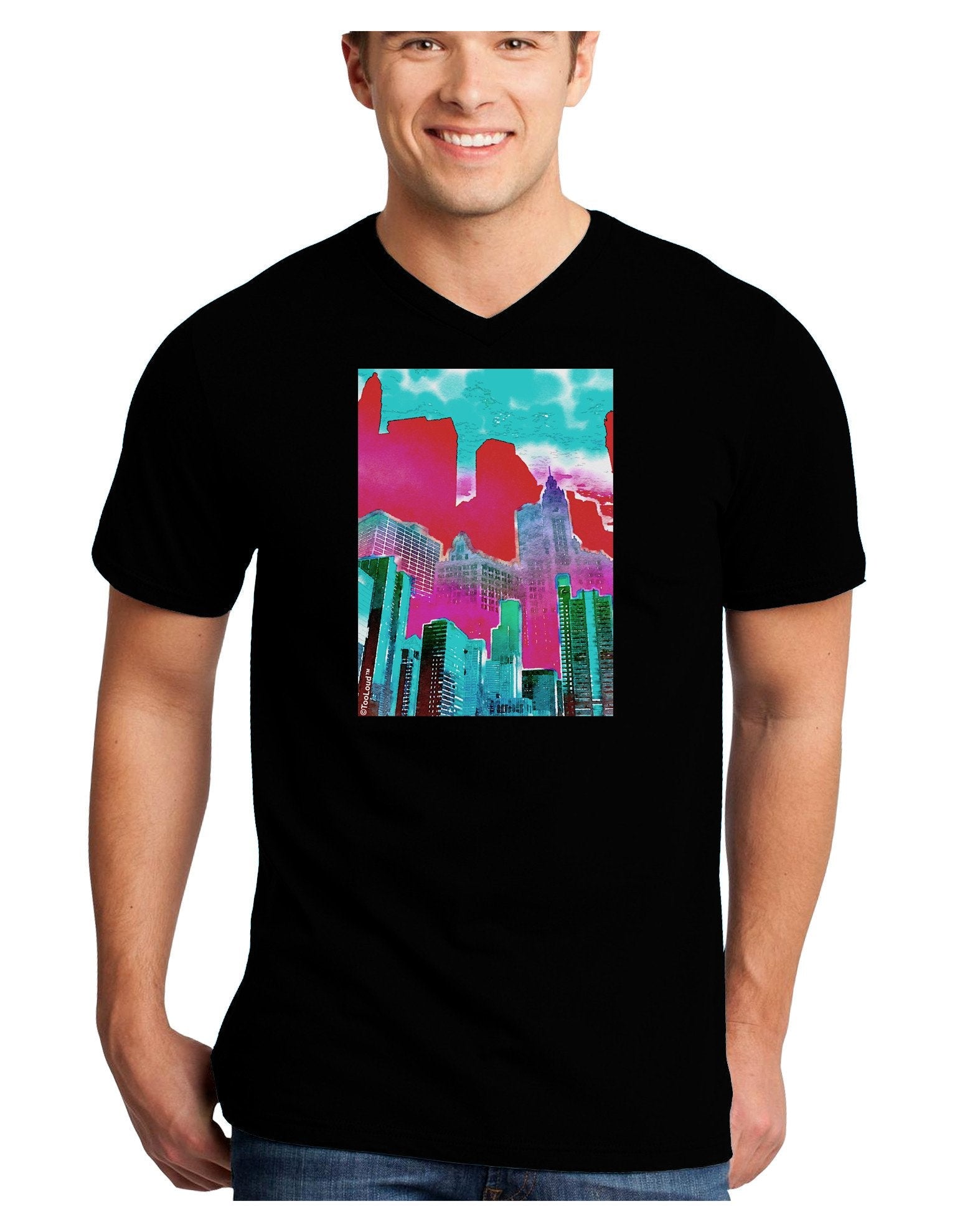 Chicago Abstract 2 Watercolor Adult Dark V-Neck T-Shirt-TooLoud-Black-XX-Large-Davson Sales