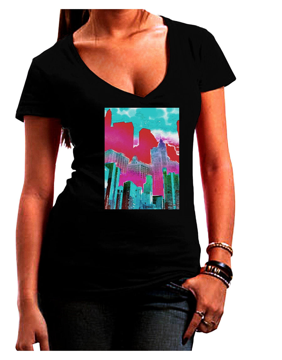 Chicago Abstract 2 Watercolor Juniors V-Neck Dark T-Shirt-Womens V-Neck T-Shirts-TooLoud-Black-Juniors Fitted XX-Large-Davson Sales