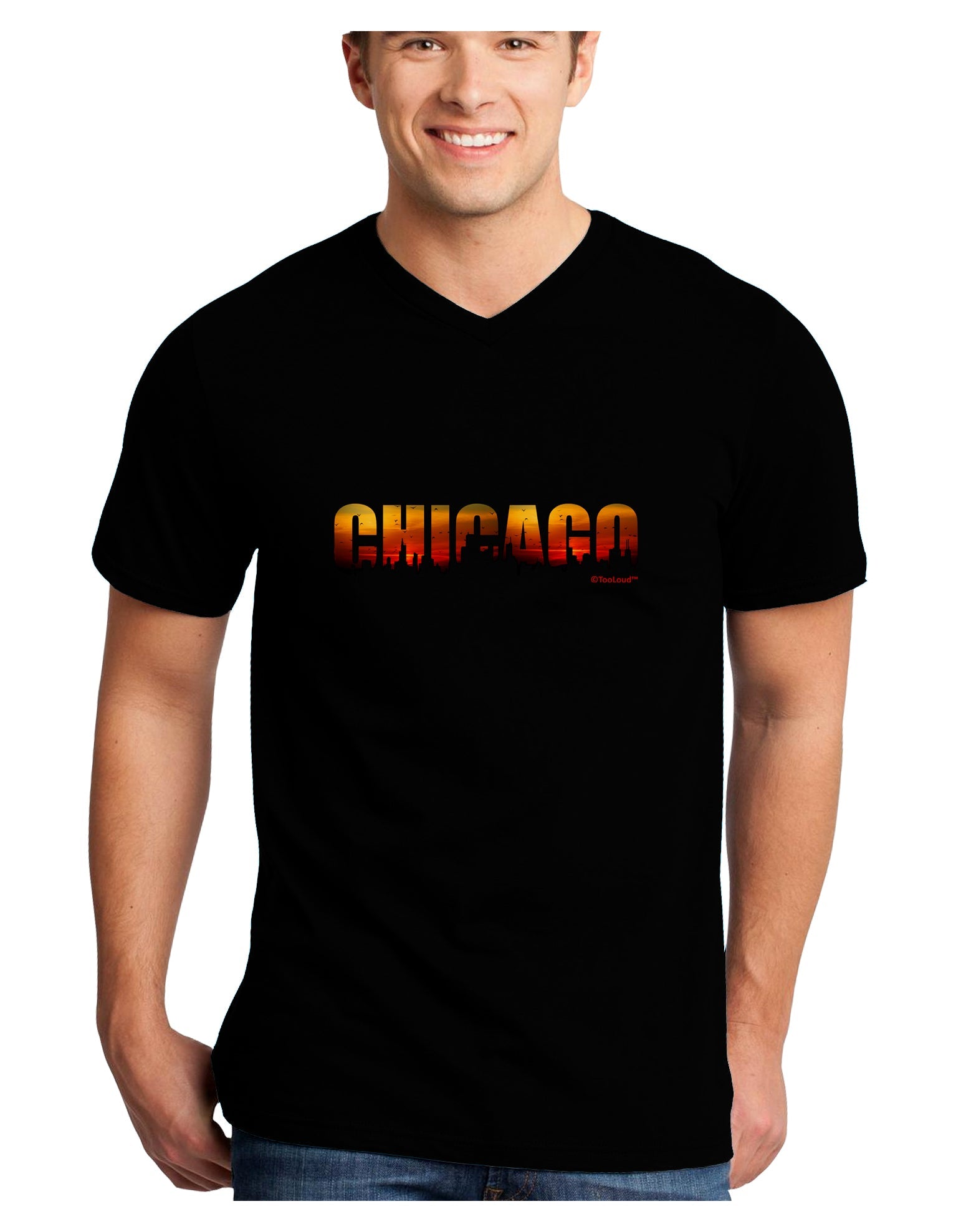Chicago Skyline Cutout - Sunset Sky Adult Dark V-Neck T-Shirt by TooLoud-Mens V-Neck T-Shirt-TooLoud-Black-Small-Davson Sales