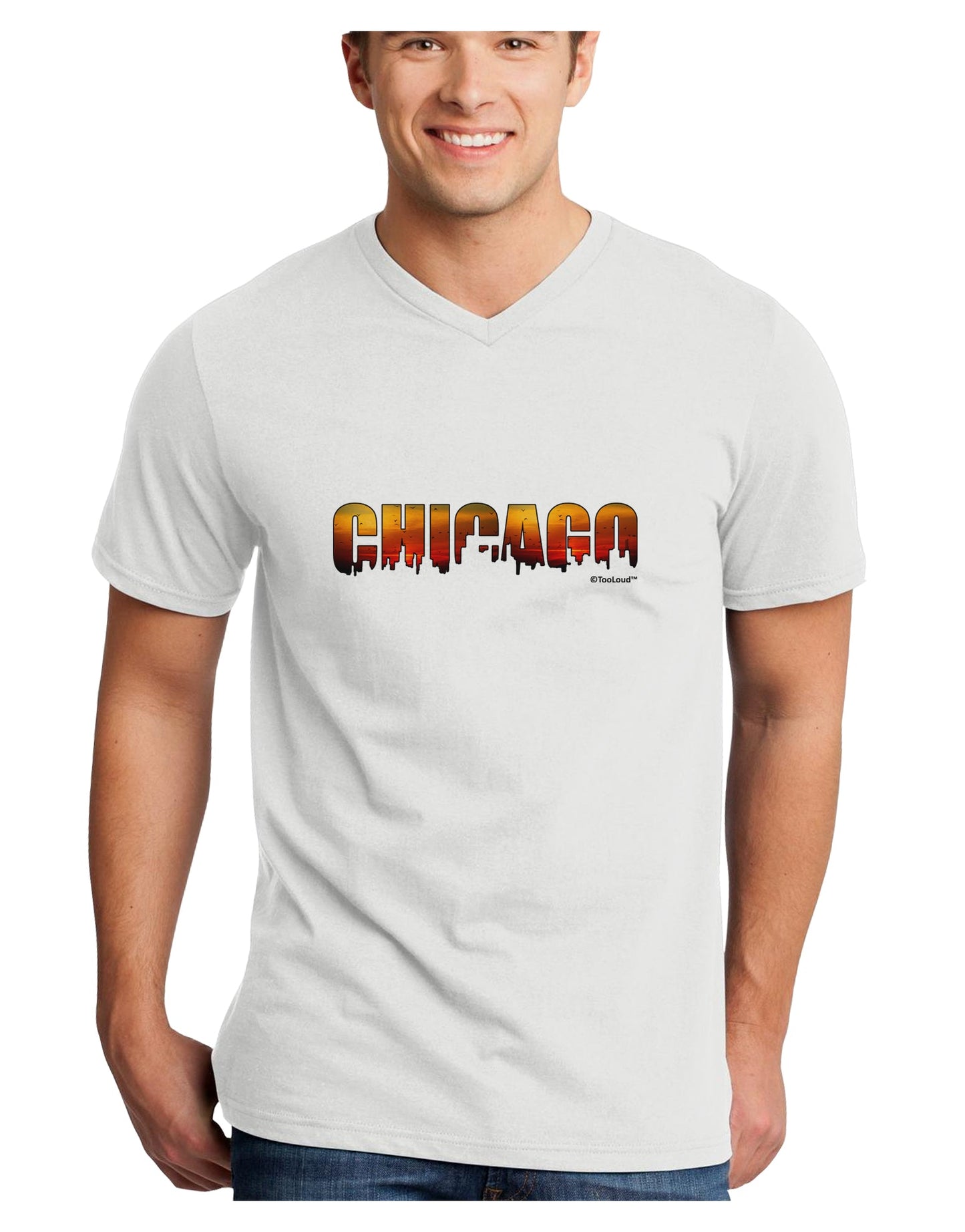 Chicago Skyline Cutout - Sunset Sky Adult V-Neck T-shirt by TooLoud-Mens V-Neck T-Shirt-TooLoud-White-Small-Davson Sales