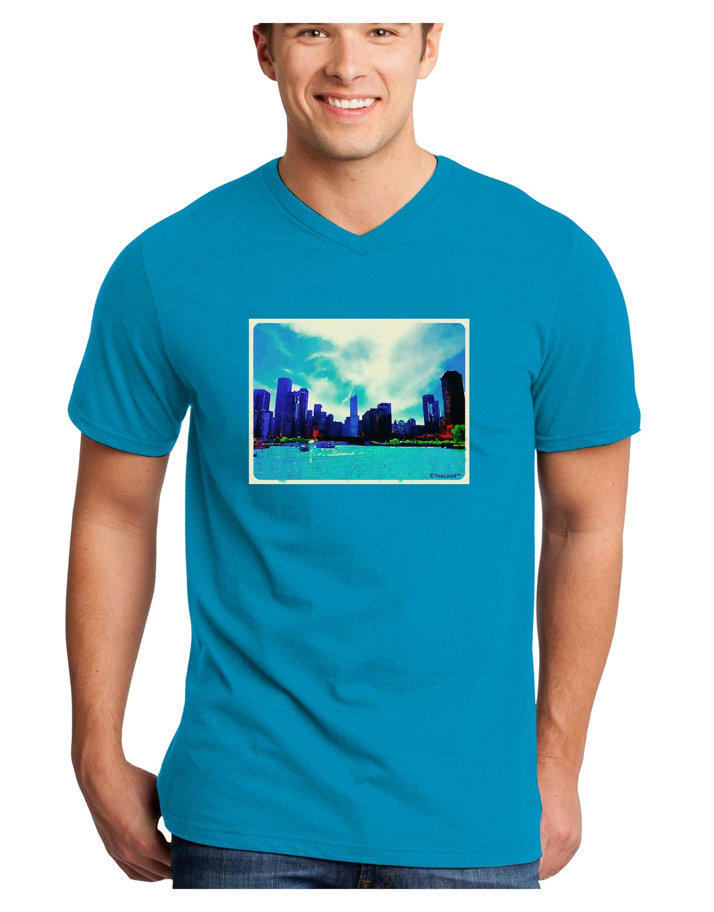 Chicago Skyline Watercolor Adult Dark V-Neck T-Shirt-TooLoud-Turquoise-Small-Davson Sales