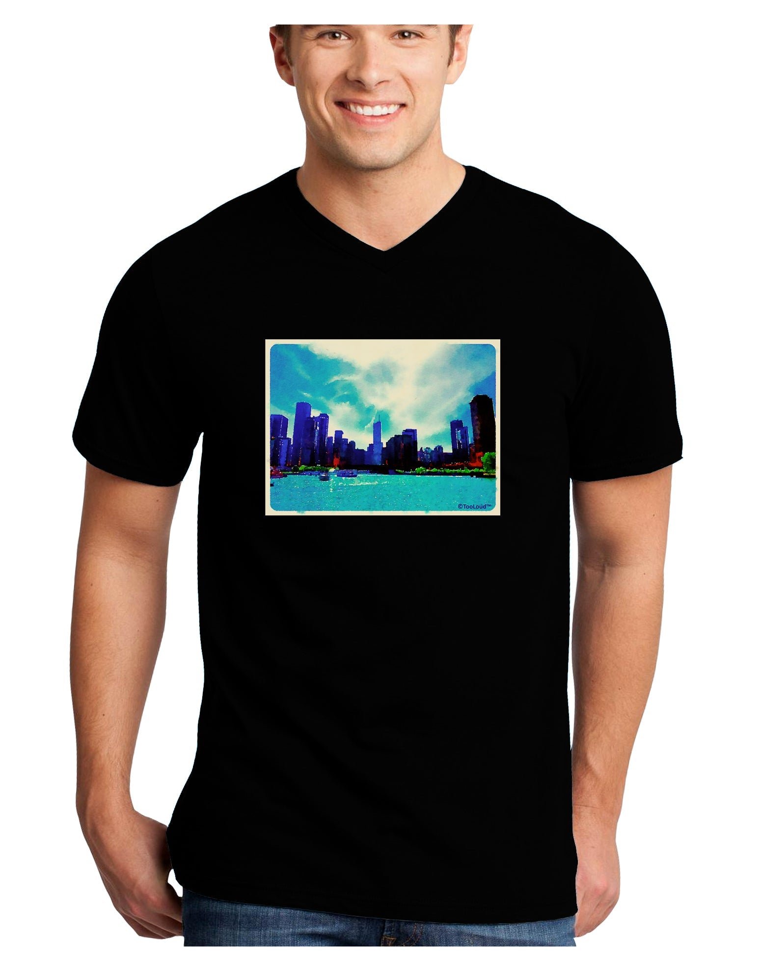 Chicago Skyline Watercolor Adult Dark V-Neck T-Shirt-TooLoud-Black-Small-Davson Sales