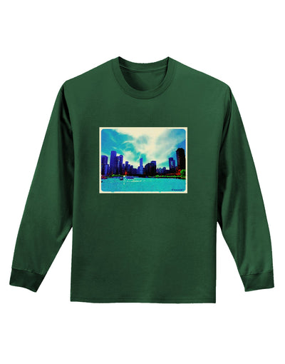 Chicago Skyline Watercolor Adult Long Sleeve Dark T-Shirt-TooLoud-Dark-Green-Small-Davson Sales