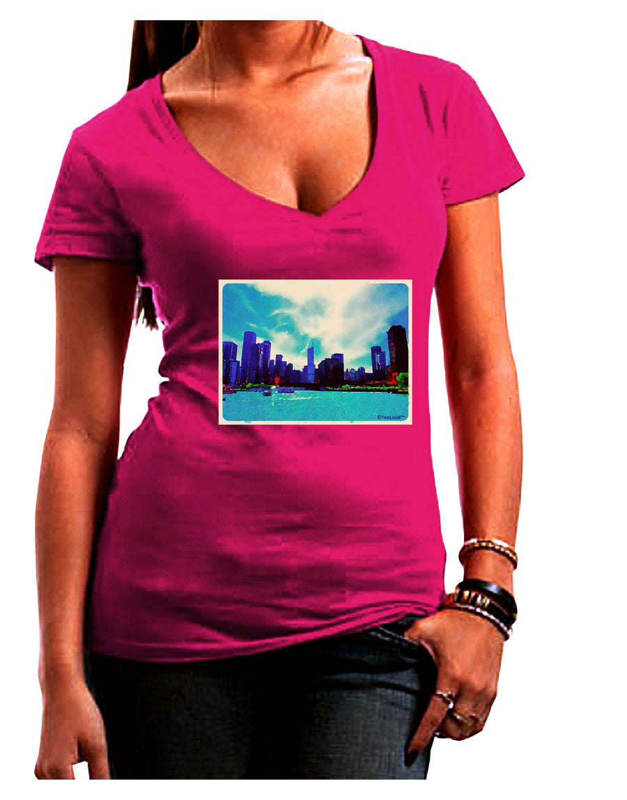 Chicago Skyline Watercolor Juniors V-Neck Dark T-Shirt-Womens V-Neck T-Shirts-TooLoud-Black-Juniors Fitted Small-Davson Sales