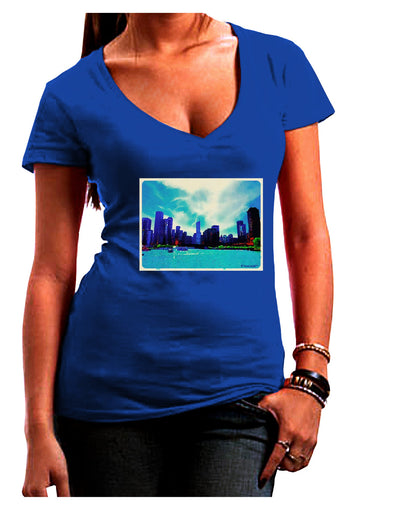 Chicago Skyline Watercolor Juniors V-Neck Dark T-Shirt-Womens V-Neck T-Shirts-TooLoud-Royal-Blue-Juniors Fitted Small-Davson Sales