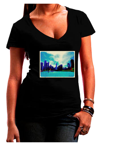 Chicago Skyline Watercolor Juniors V-Neck Dark T-Shirt-Womens V-Neck T-Shirts-TooLoud-Black-Juniors Fitted Small-Davson Sales