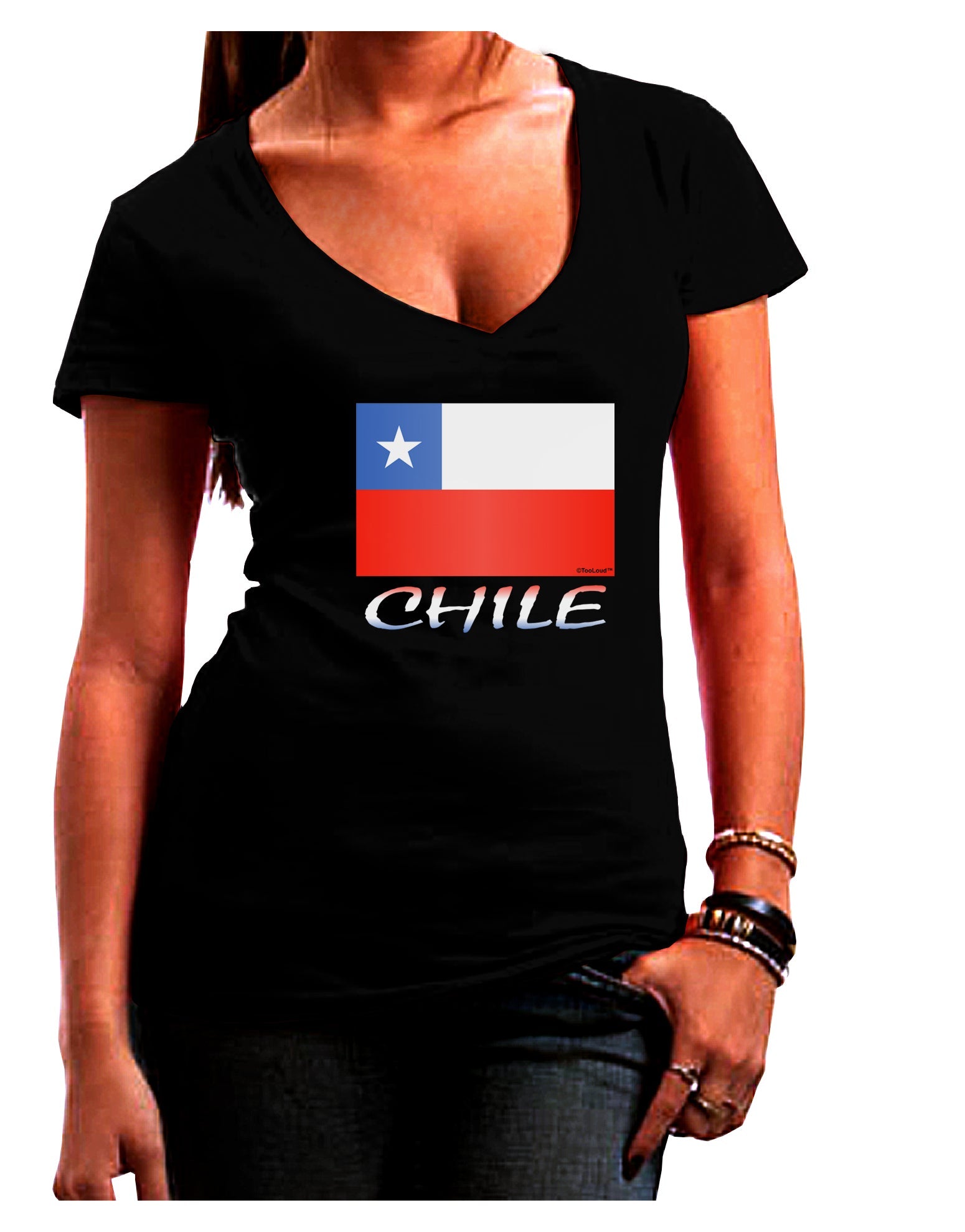 Chile Flag Womens V-Neck Dark T-Shirt-Womens V-Neck T-Shirts-TooLoud-Black-Juniors Fitted Small-Davson Sales