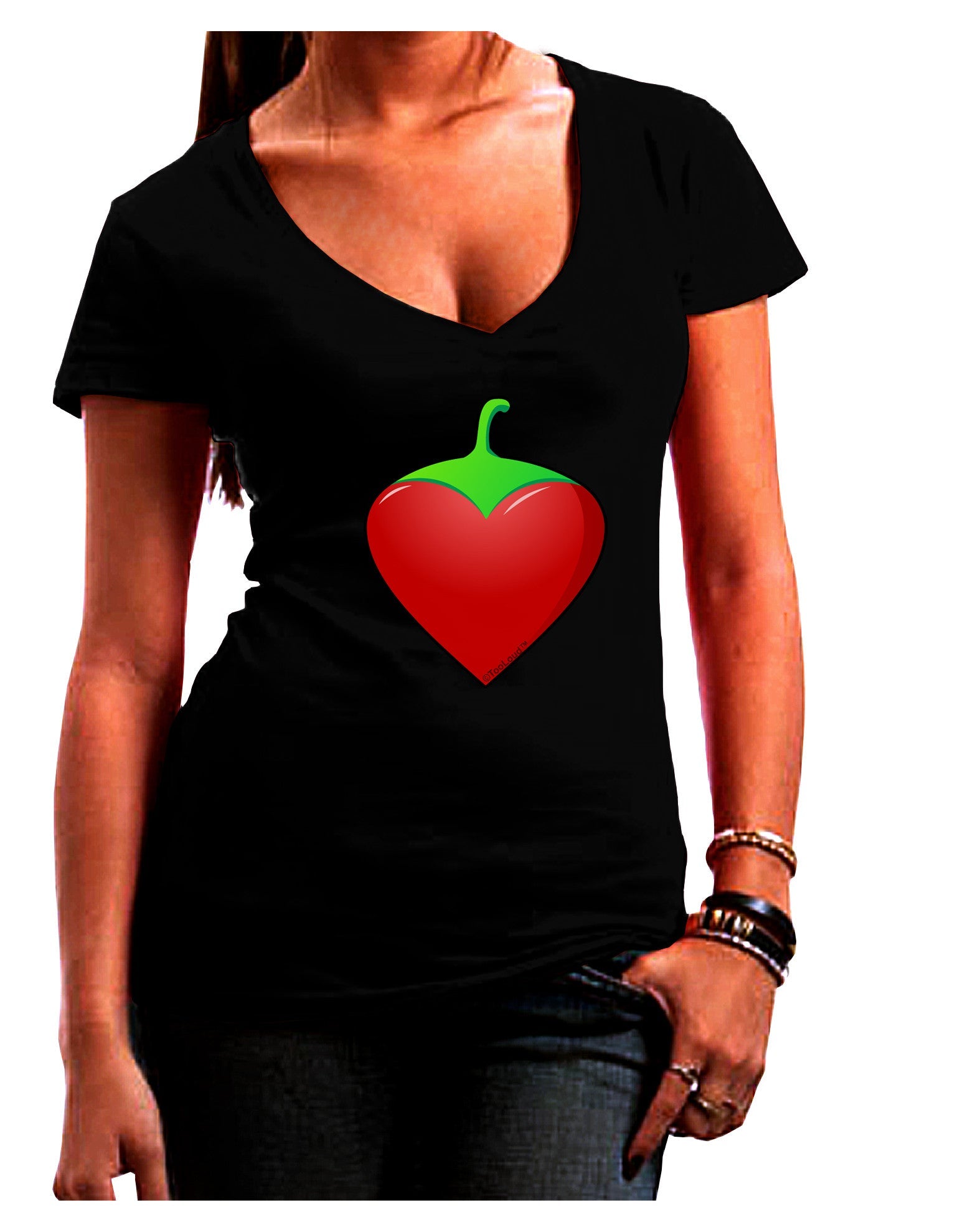 Chili Pepper Heart Womens V-Neck Dark T-Shirt-Womens V-Neck T-Shirts-TooLoud-Black-Juniors Fitted Small-Davson Sales