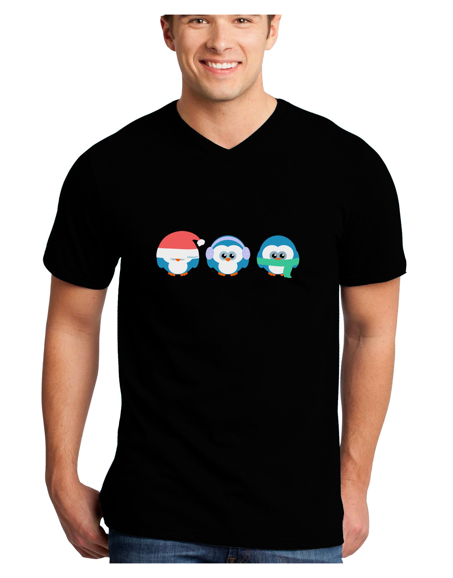 Christmas Penguins See No Evil Hear No Evil Speak No Evil Adult Dark V-Neck T-Shirt-TooLoud-Black-Small-Davson Sales