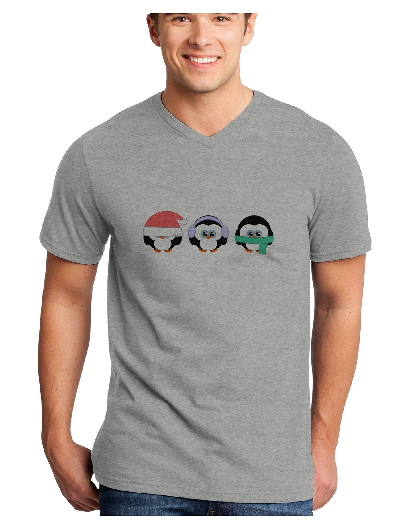 Christmas Penguins See No Evil Hear No Evil Speak No Evil Adult V-Neck T-shirt-Mens V-Neck T-Shirt-TooLoud-HeatherGray-Small-Davson Sales
